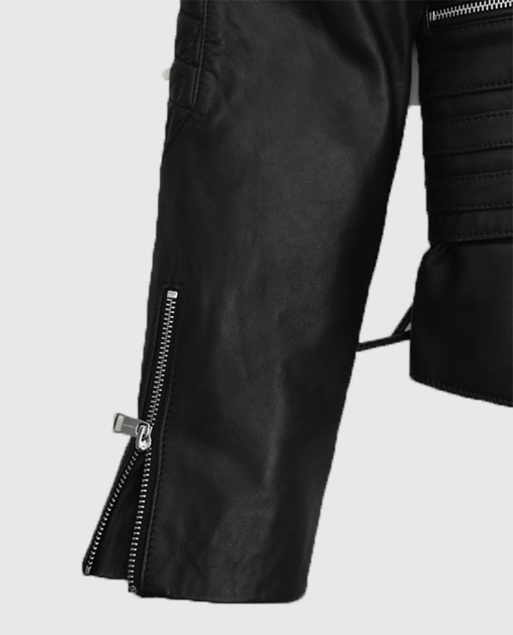 Kristen Stewart Black Leather Biker Jacket for Women - model wearing the jacket