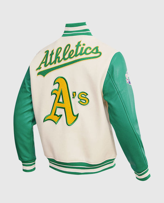 MLB Oakland Athletics Men's Rib Green Wool Varsity Jacket - side angle view