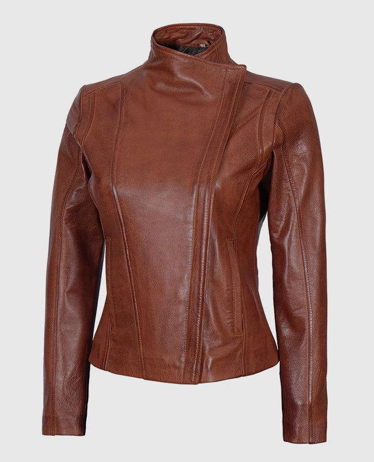 Women's Arezzo Cognac Brown Cafe Racer Leather Jacket - side angle view