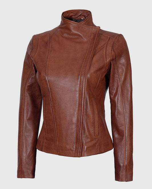 Women's Arezzo Cognac Brown Cafe Racer Leather Jacket - side angle view