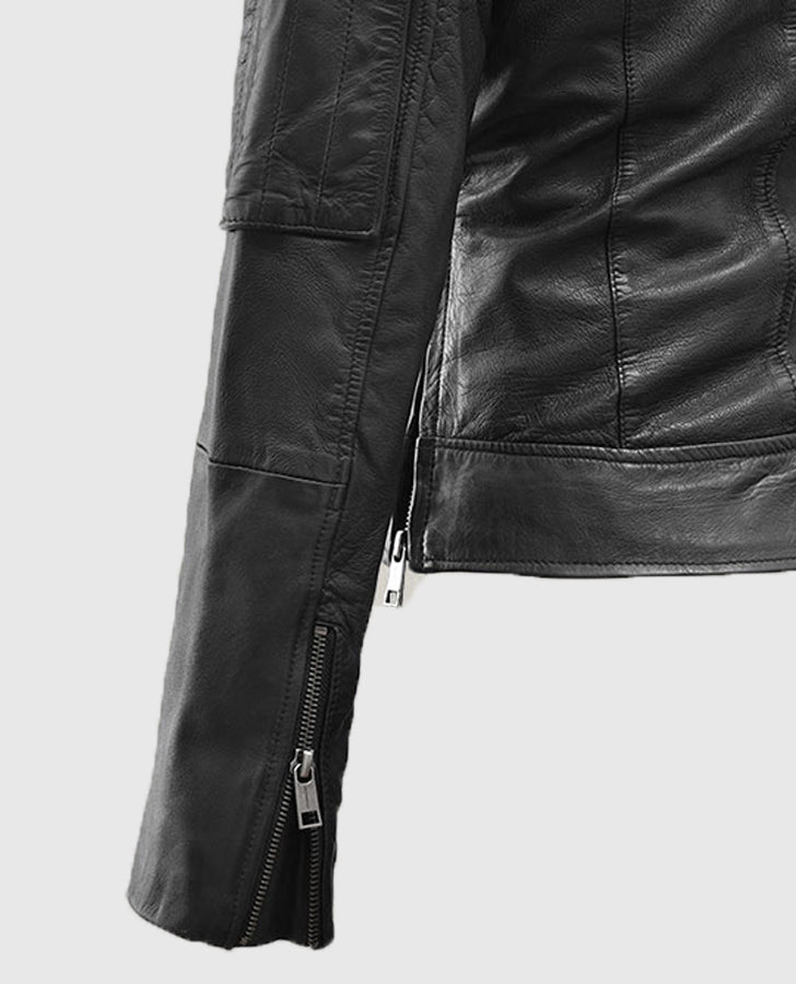 Karen Gillan Doctor Who TV Series Black Leather Biker Jacket for Women - detail view