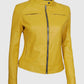 Women's Yellow Cafe Racer Leather Jacket – Premium Outerwear - collar and zip close-up