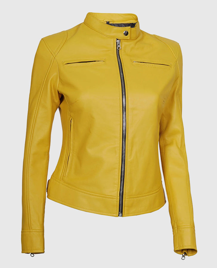 Women's Yellow Cafe Racer Leather Jacket – Premium Outerwear - collar and zip close-up