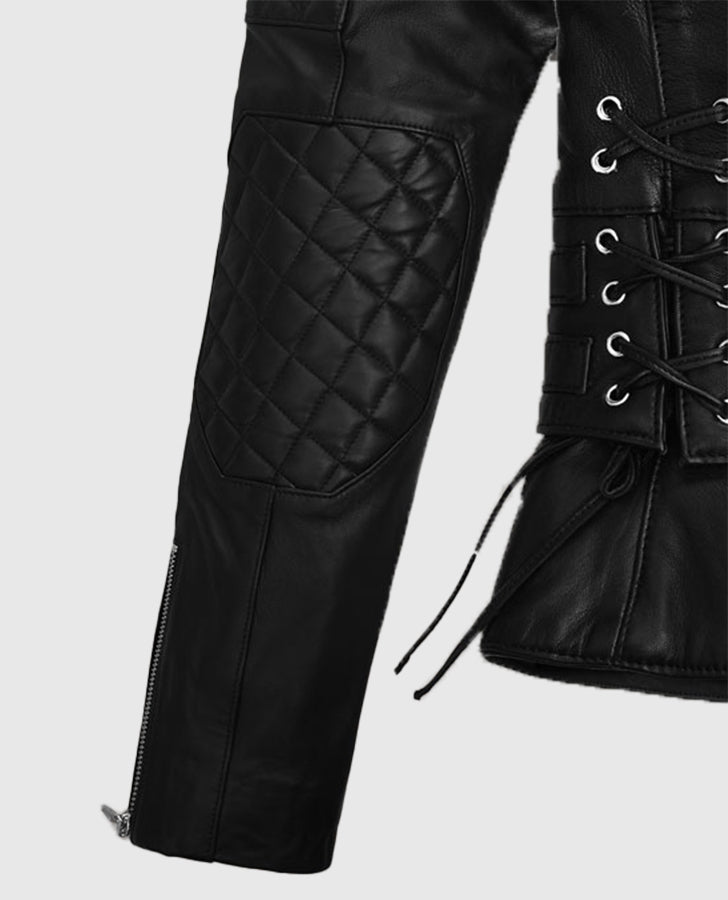 Kristen Stewart Black Leather Biker Jacket for Women - sleeve and cuff detail