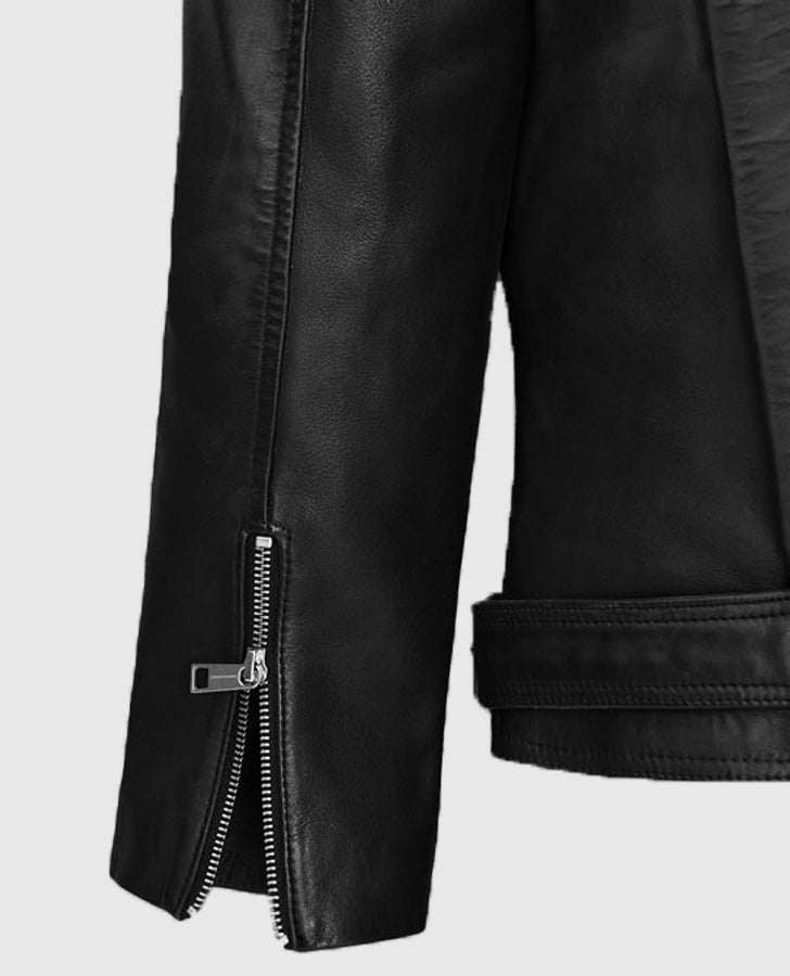 Jodie Comer Doctor Foster Black Leather Biker Jacket for Women - model wearing the jacket