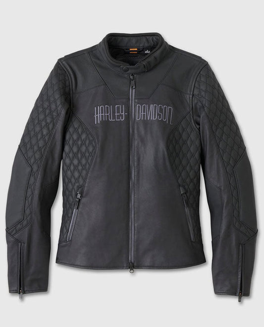 Women's Willie G Skull Graphic Leather Riding Black Jacket - front view