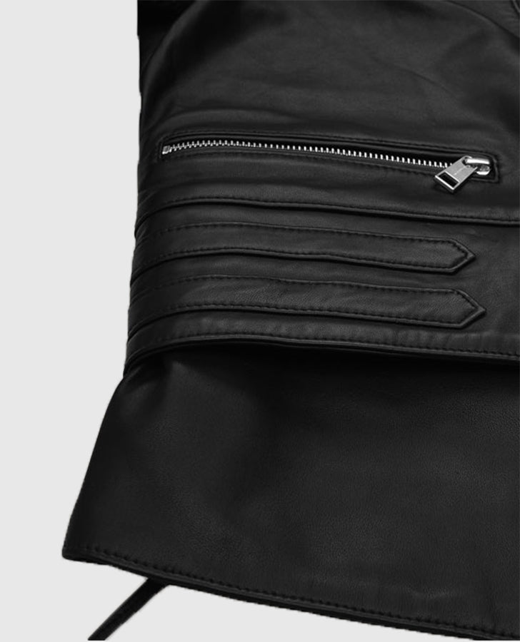 Kristen Stewart Black Leather Biker Jacket for Women - pocket detail