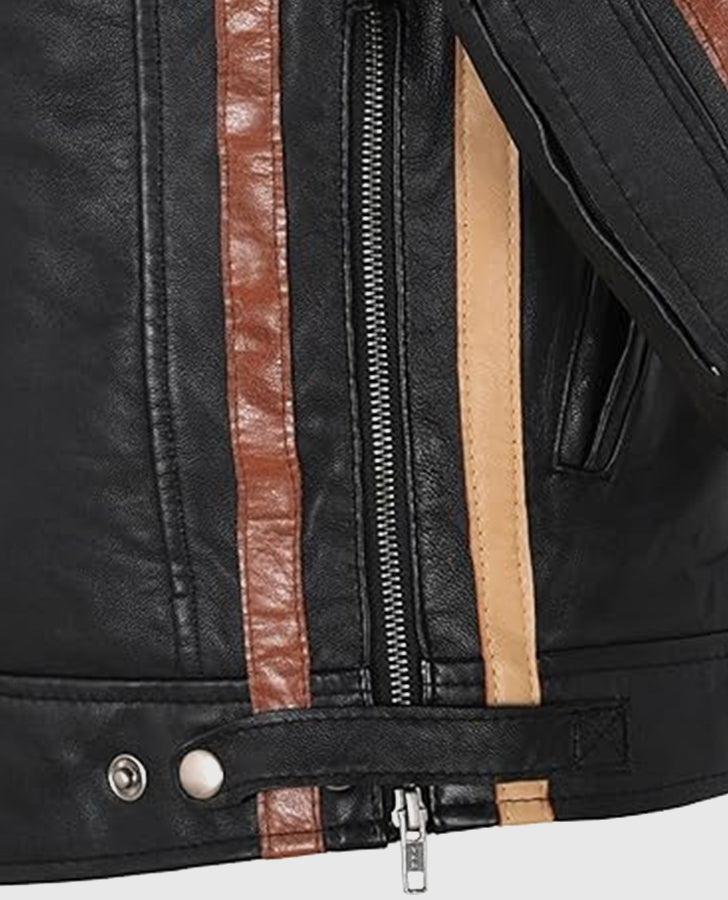 Men's Sizma Black Cafe Racer Leather Jacket – Custom Fit - collar and zip close-up