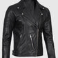 Men's Black Asymmetrical Leather Motorcycle Jacket - collar and zip close-up