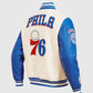 NBA Philadelphia 76ers Men's Rib Blue & White Wool Varsity Jacket - side angle view