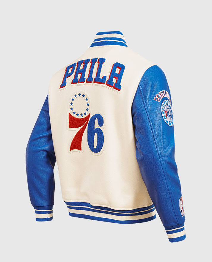 NBA Philadelphia 76ers Men's Rib Blue & White Wool Varsity Jacket - side angle view