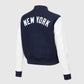 MLB New York Yankees Women's Blue Varsity Leather Jacket - side angle view