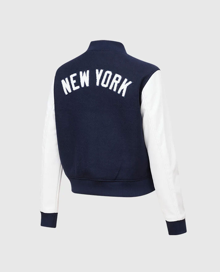 MLB New York Yankees Women's Blue Varsity Leather Jacket - side angle view