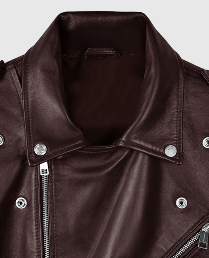 Joe Jonas Maroon Biker Leather Jacket for Men – Premium Outerwear - side angle view