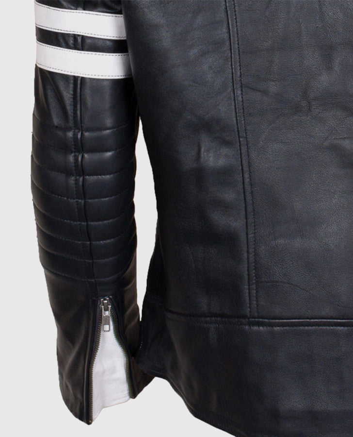Men's White Stripes Black Cafe Racer Leather Jacket - model wearing the jacket