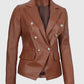 Kinley Women's Double Breasted Brown Leather Blazer Jacket - collar and zip close-up