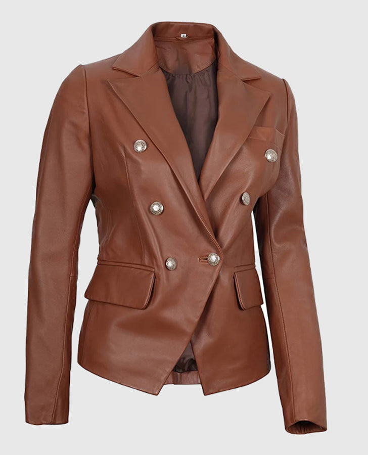 Kinley Women's Double Breasted Brown Leather Blazer Jacket - collar and zip close-up