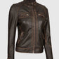 Women's Rub Off Dark Brown Quilted Leather Cafe Racer Jacket - inner lining view