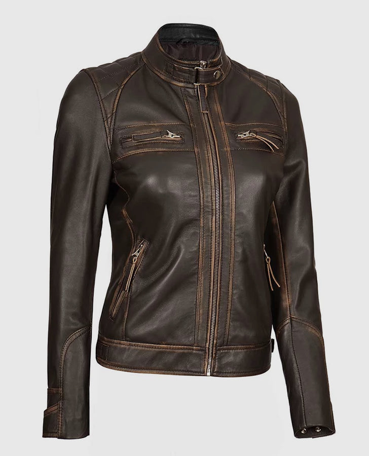 Women's Rub Off Dark Brown Quilted Leather Cafe Racer Jacket - inner lining view
