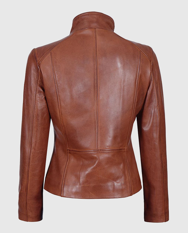 Women's Arezzo Cognac Brown Cafe Racer Leather Jacket - inner lining view
