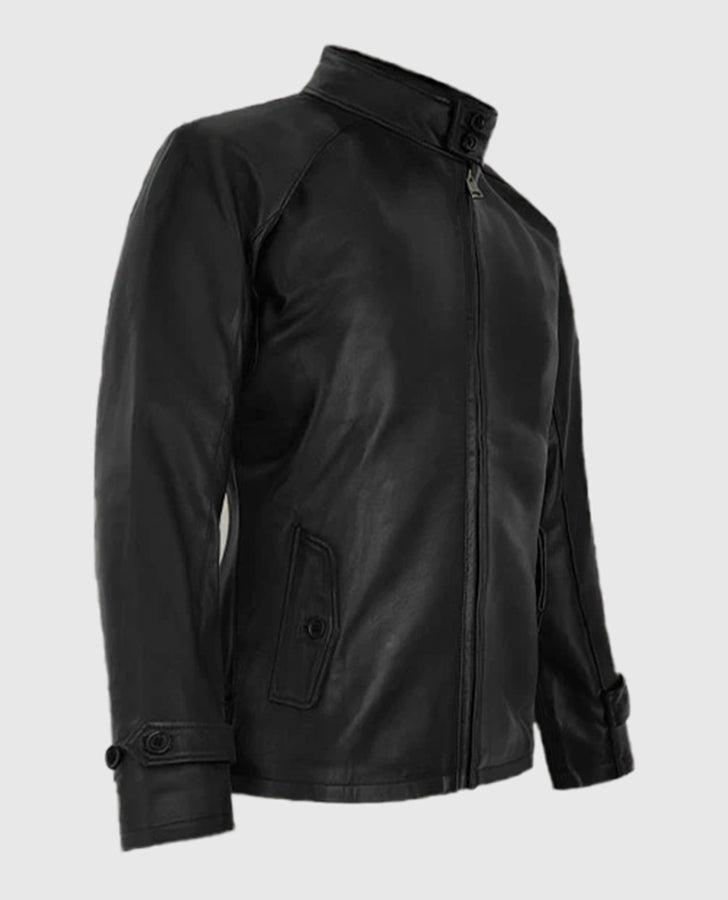 Men's Standup Collar Black Leather Jacket – Premium Outerwear - side angle view