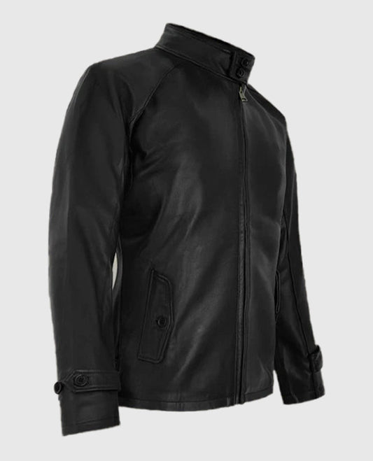 Men's Standup Collar Black Leather Jacket – Premium Outerwear - side angle view