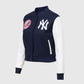 MLB New York Yankees Women's Blue Varsity Leather Jacket - collar and zip close-up