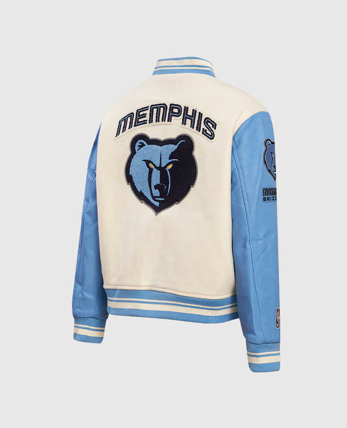 NBA Memphis Grizzlies Women's Rib Blue & White Wool Varsity Jacket - side angle view