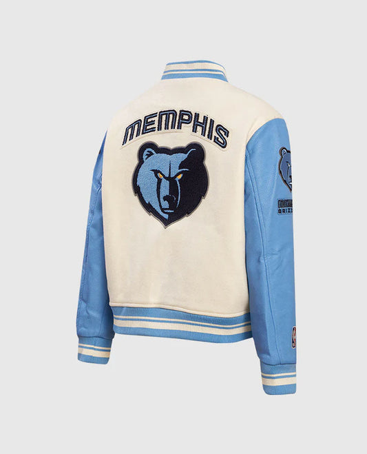 NBA Memphis Grizzlies Women's Rib Blue & White Wool Varsity Jacket - side angle view