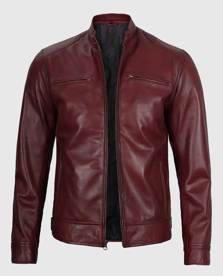 Men's Maroon Cafe Racer Leather Jacket – Custom Fit - side angle view