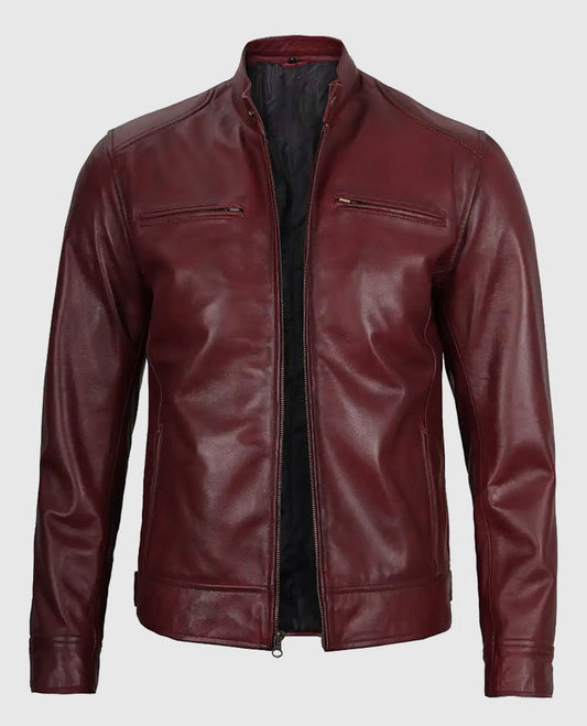 Men's Maroon Cafe Racer Leather Jacket – Custom Fit - side angle view