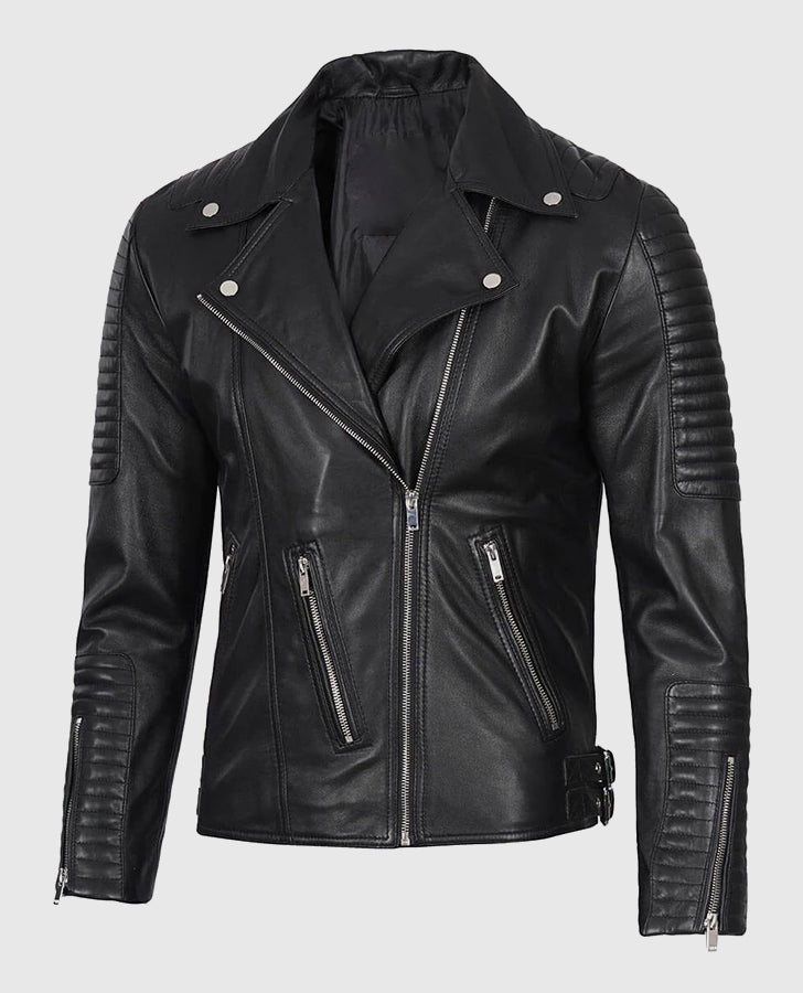 Men's Black Asymmetrical Leather Motorcycle Jacket - side angle view