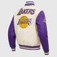 NBA Los Angeles Lakers Men's White Varsity Leather Jacket - collar and zip close-up