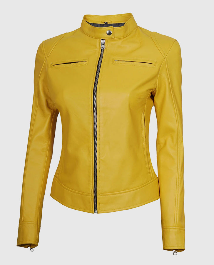 Women's Yellow Cafe Racer Leather Jacket – Premium Outerwear - inner lining view