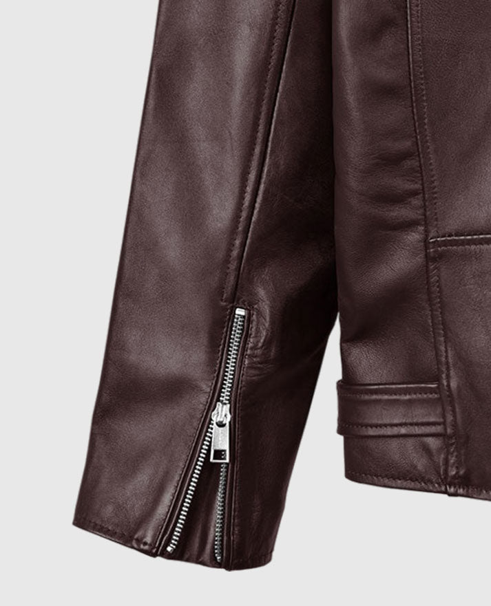 Joe Jonas Maroon Biker Leather Jacket for Men – Premium Outerwear - collar and zip close-up