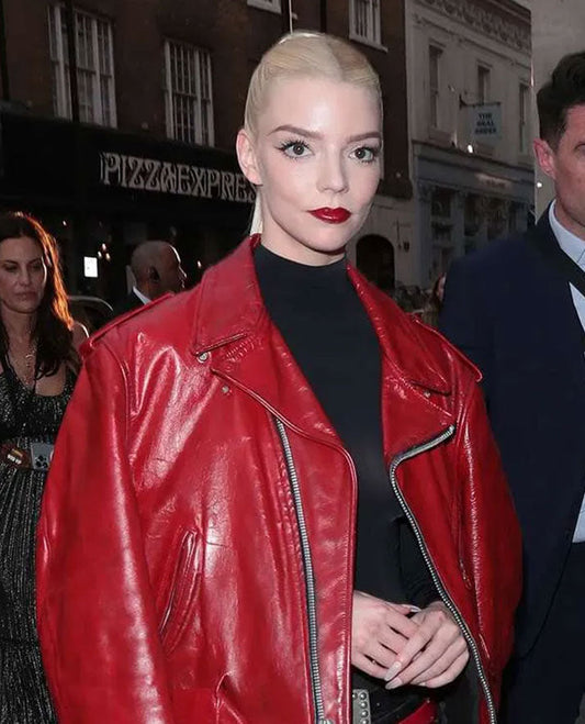 Furiosa a Mad Max Saga Premiere Anya Taylor-Joy Red Leather Jacket - side angle view