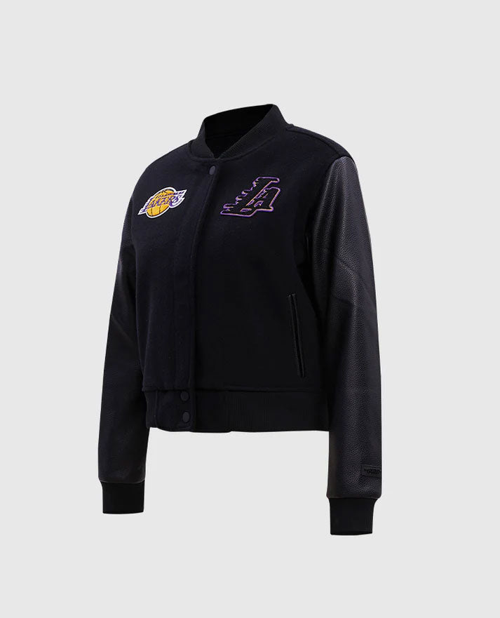 NBA Los Angeles Lakers Women's Black Varsity Leather Jacket - collar and zip close-up
