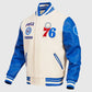 NBA Philadelphia 76ers Men's Rib Blue & White Wool Varsity Jacket - collar and zip close-up