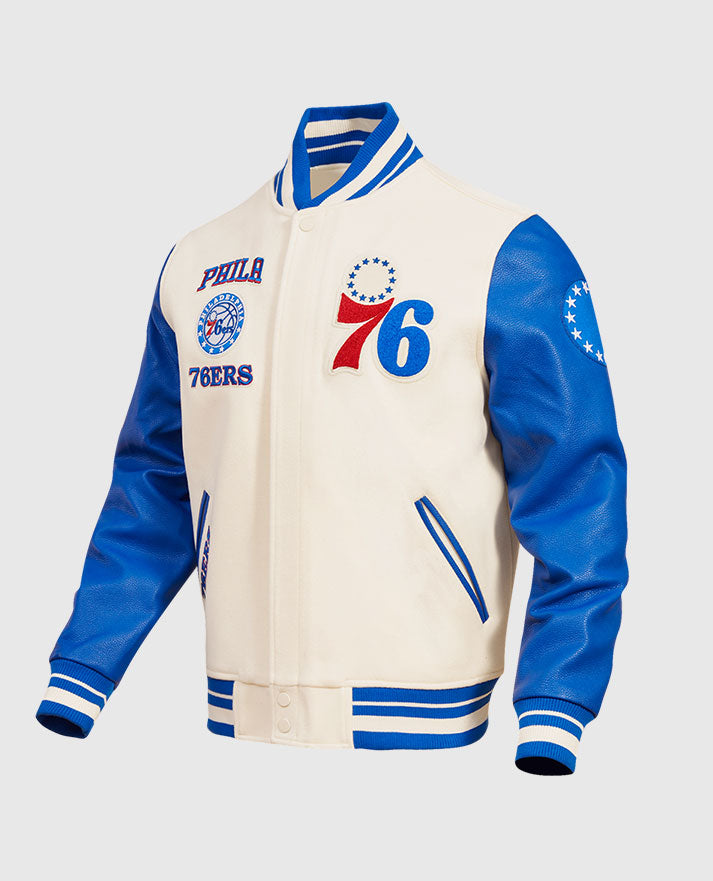 NBA Philadelphia 76ers Men's Rib Blue & White Wool Varsity Jacket - collar and zip close-up