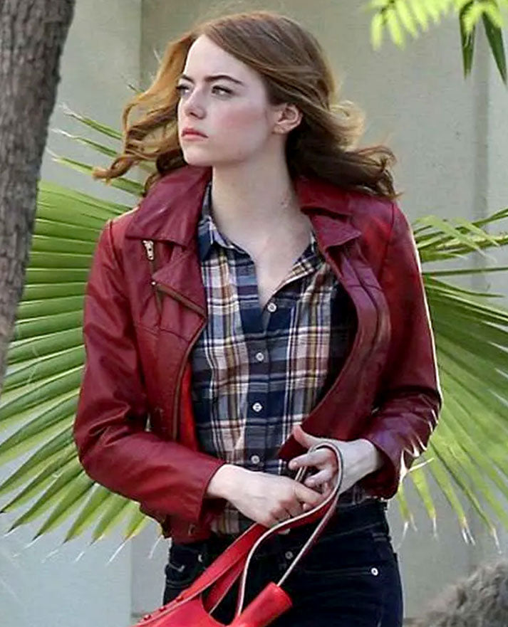Emma Stone La La Land Maroon Leather Jacket for Women - side angle view