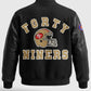 80's San Francisco 49ers Blue & White Letterman Leather Jacket - collar and zip close-up