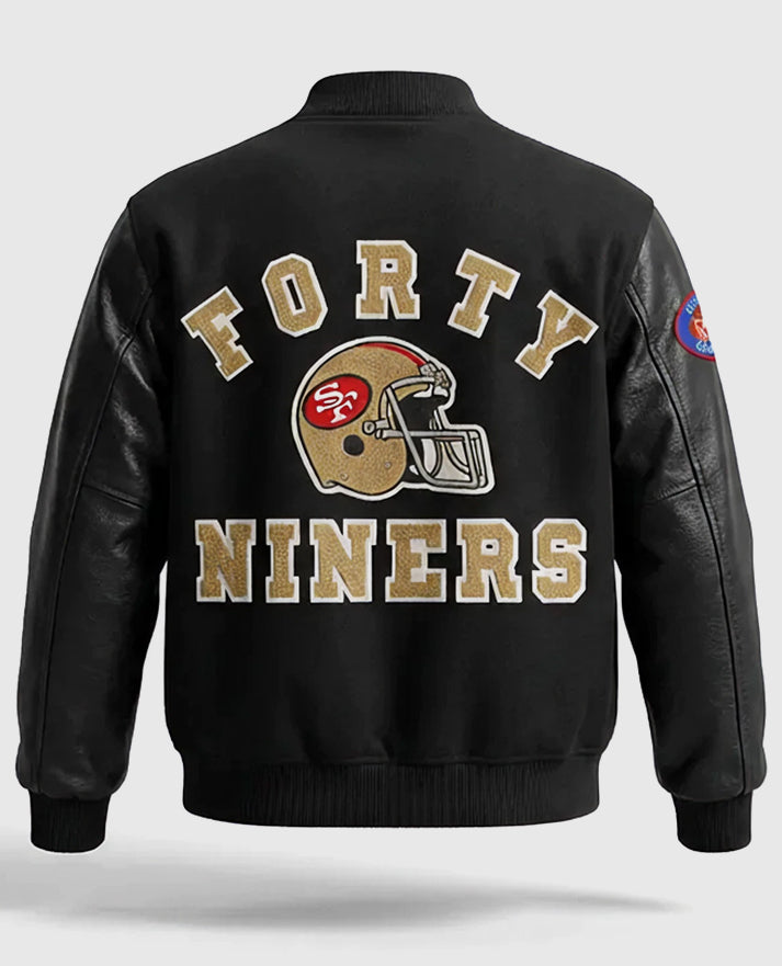 80's San Francisco 49ers Blue & White Letterman Leather Jacket - collar and zip close-up