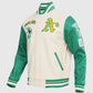 MLB Oakland Athletics Men's Rib Green Wool Varsity Jacket - collar and zip close-up