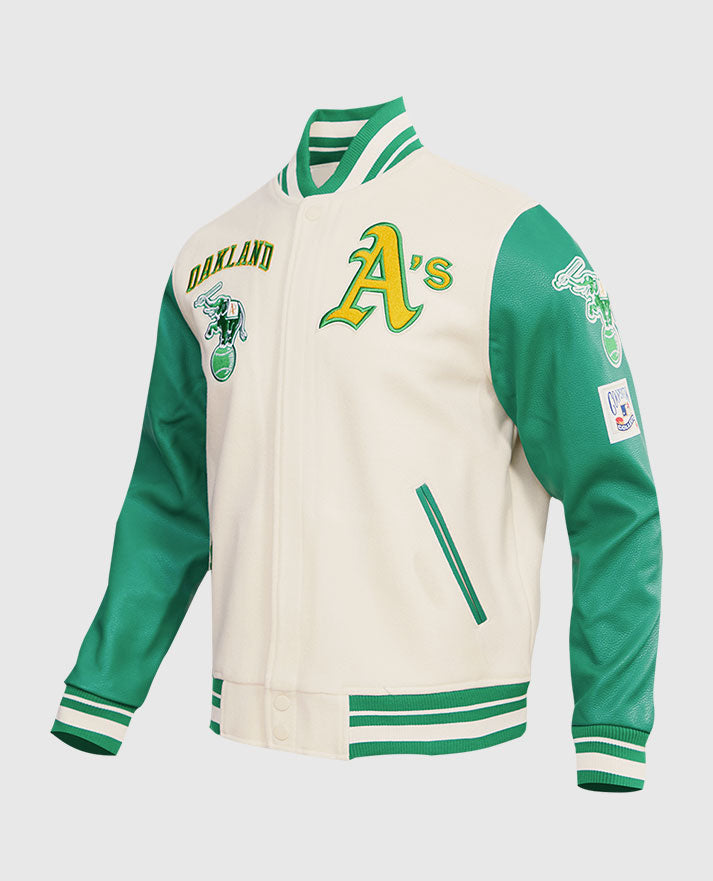 MLB Oakland Athletics Men's Rib Green Wool Varsity Jacket - collar and zip close-up