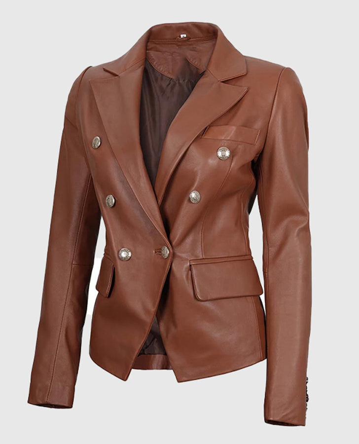 Kinley Women's Double Breasted Brown Leather Blazer Jacket - side angle view