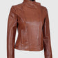 Women's Arezzo Cognac Brown Cafe Racer Leather Jacket - collar and zip close-up