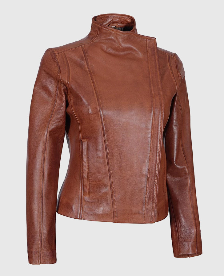 Women's Arezzo Cognac Brown Cafe Racer Leather Jacket - collar and zip close-up