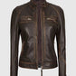 Women's Rub Off Dark Brown Quilted Leather Cafe Racer Jacket - model wearing the jacket