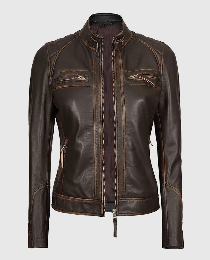Women's Rub Off Dark Brown Quilted Leather Cafe Racer Jacket - model wearing the jacket