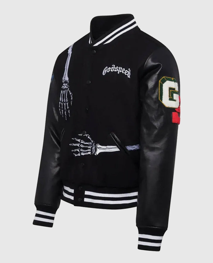 Men's Godspeed Skull Rod Black Bomber Halloween Leather Jacket - collar and zip close-up